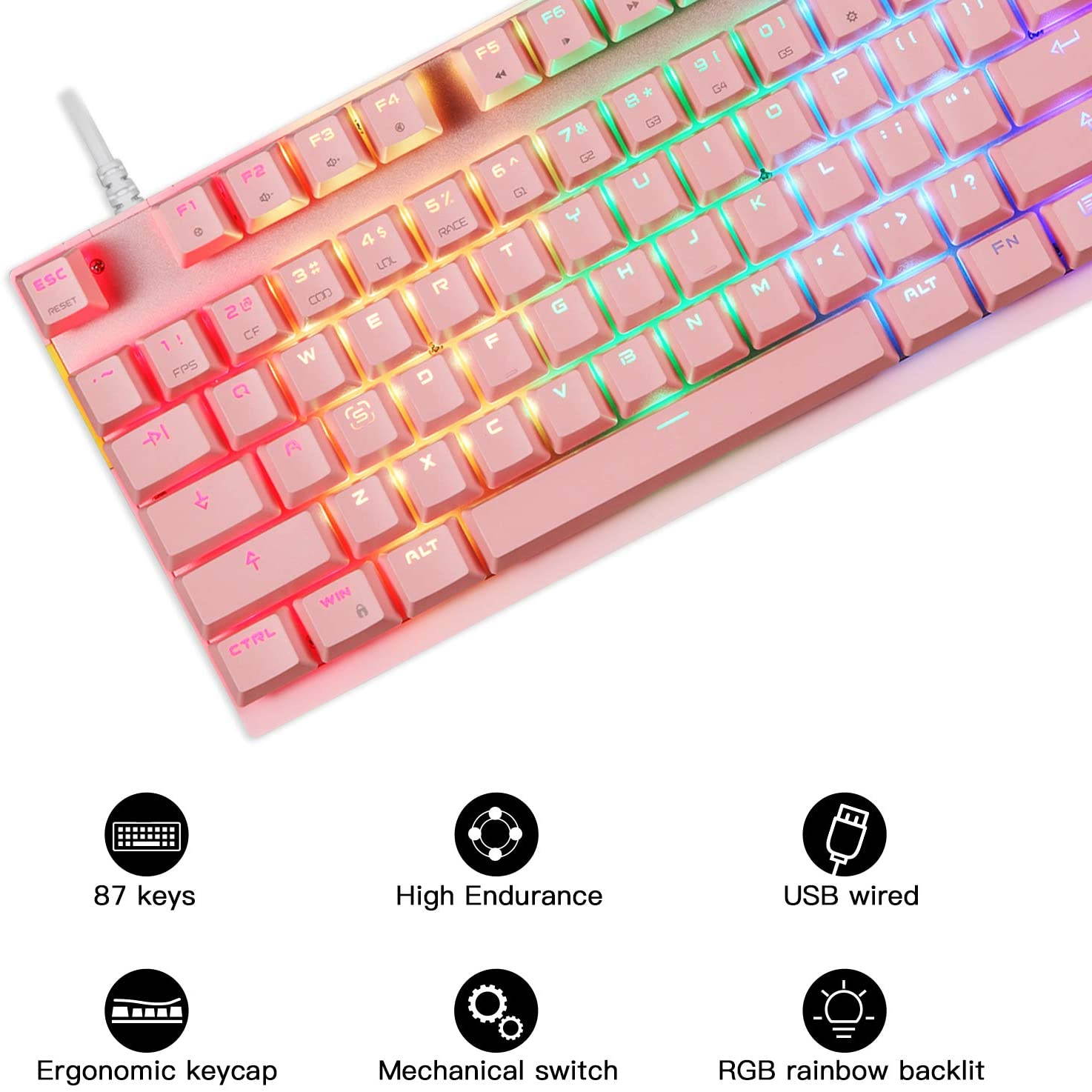 MOTOSPEED Professional Gaming Mechanical Keyboard RGB Rainbow Backlit 87 Keys Illuminated Computer USB Gaming Keyboard for Mac & PC Pink(Pink Keyboard Blue Switch)