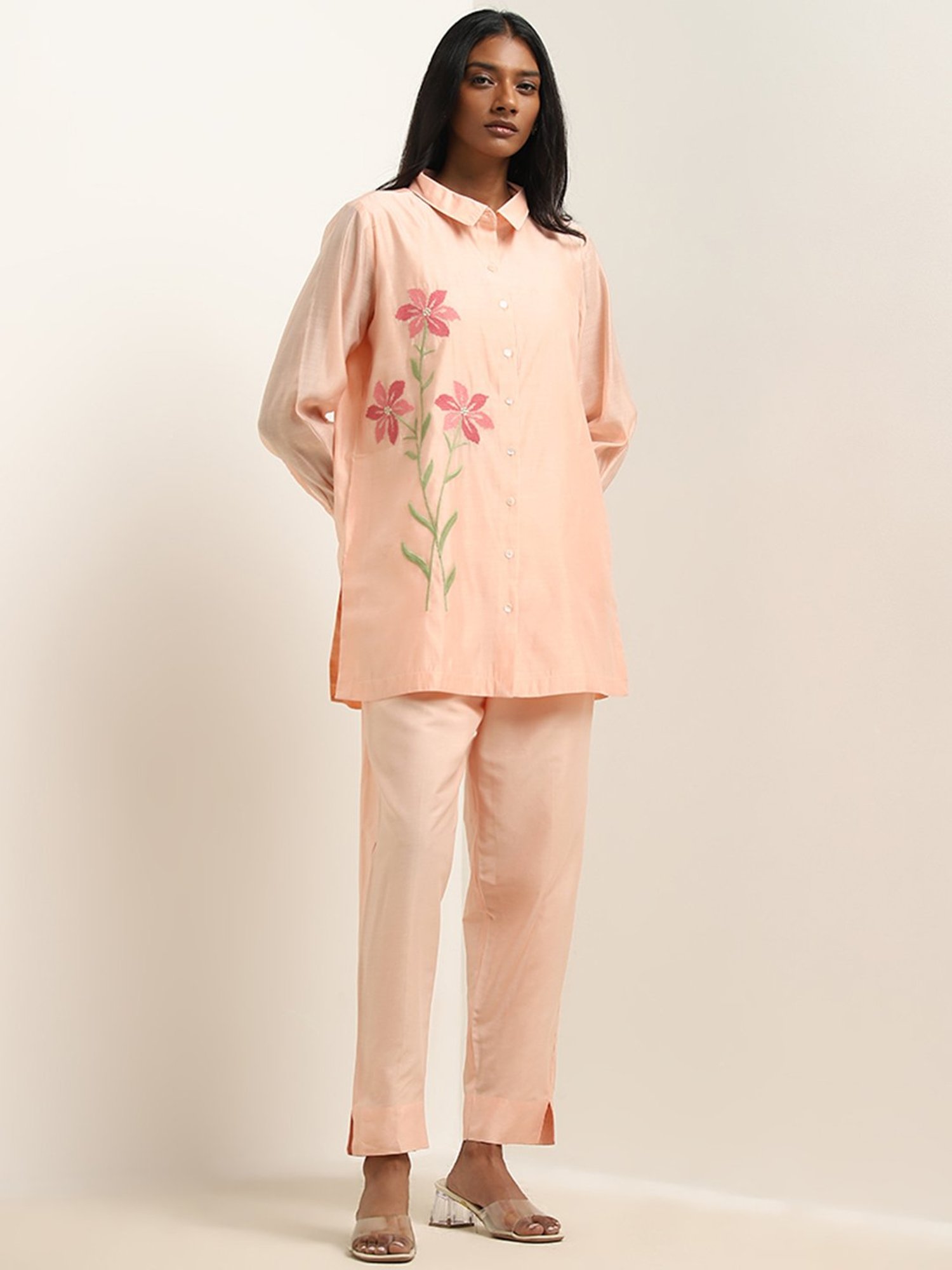 Vark by Westside Peach Floral Embroidered Straight Tunic with Pants Set