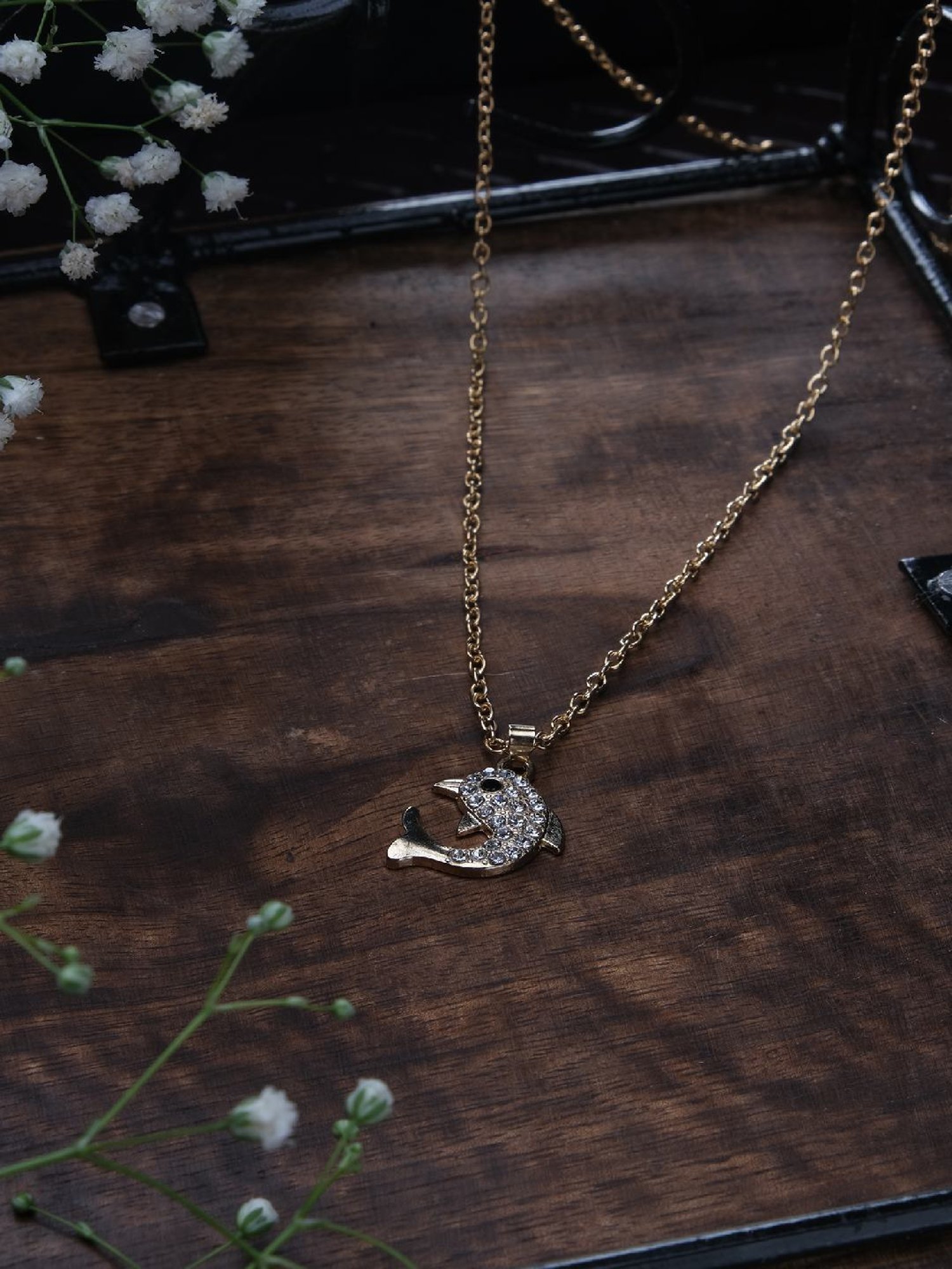 Jewelz Trendsetting Gold Western Necklace With Delicate Dolphin Hanging Charm for Women