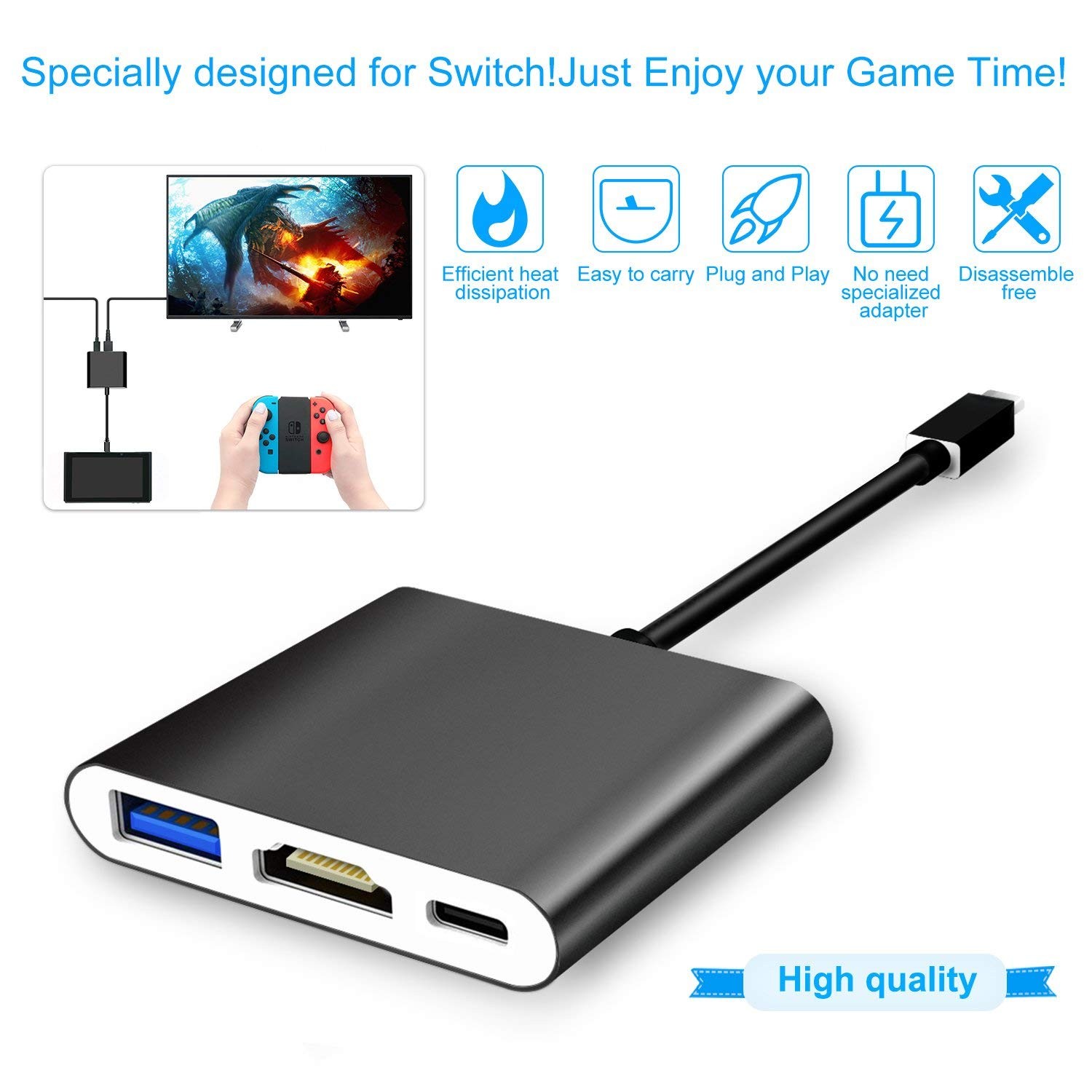 Werleo HDMI Type C Hub Adapter for Nintendo Switch 4K USB C HDMI Converter Dock Cable for Nintendo Switch Support MacBook Pro Samsung Galaxy S8 Plus Google Pixel Black