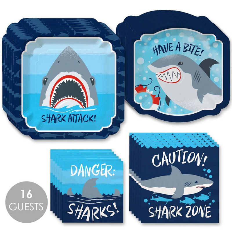 Big Dot of Happiness Shark Zone - Jawsome Shark Viewing Week Party or Birthday Party Tableware Plates and Napkins - Bundle for 16