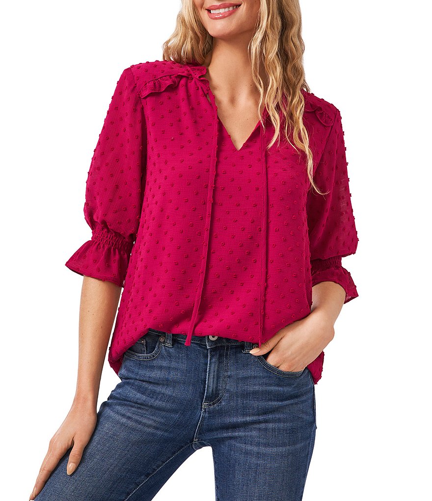 CeCe Split Neck Elbow Sleeve Clip Dot Chiffon Blouse