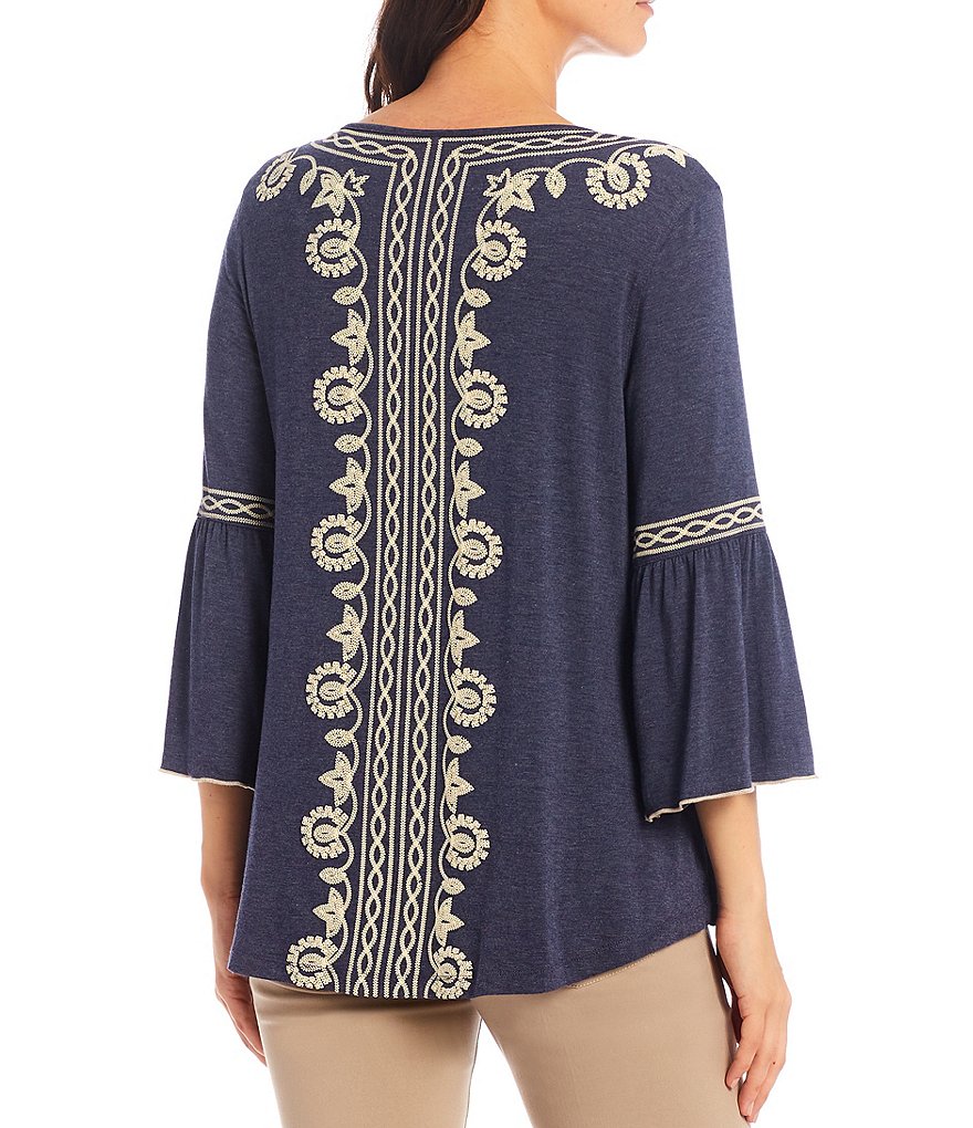 Multiples Puff Border Print V-Neck 3/4 Bell Sleeve Shaped Hem Top