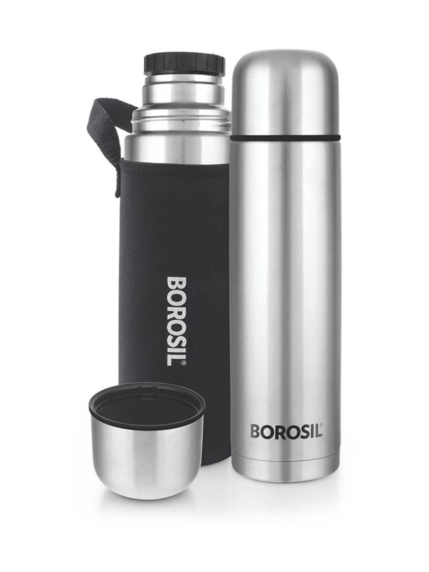 Borosil Silver Stainless Steel Double Wall Vaccum Insulated Water Bottles (1000ml)
