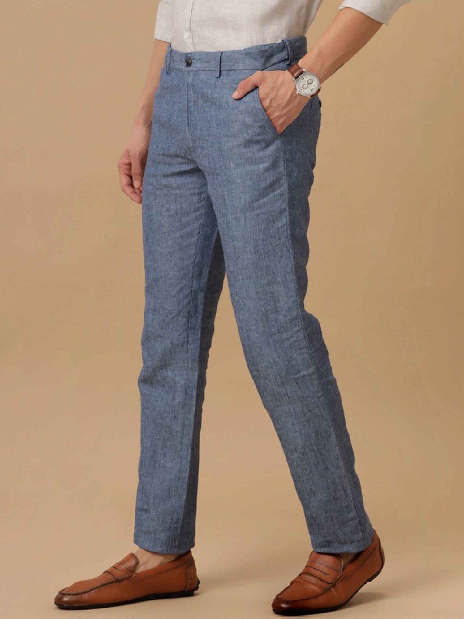 Linen Club Blue Linen Contemporary Fit Texture Trousers