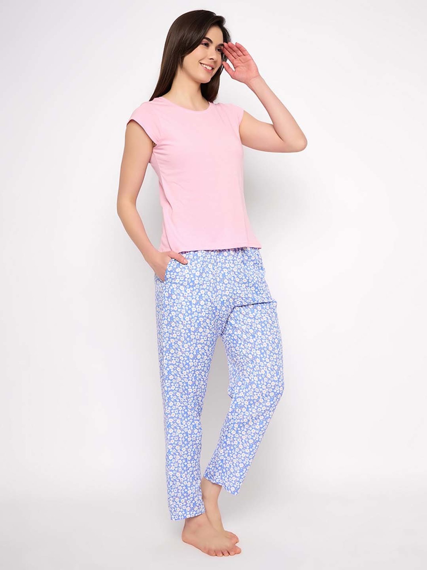 Clovia Pink & Blue Printed T-Shirt Pyjamas Set