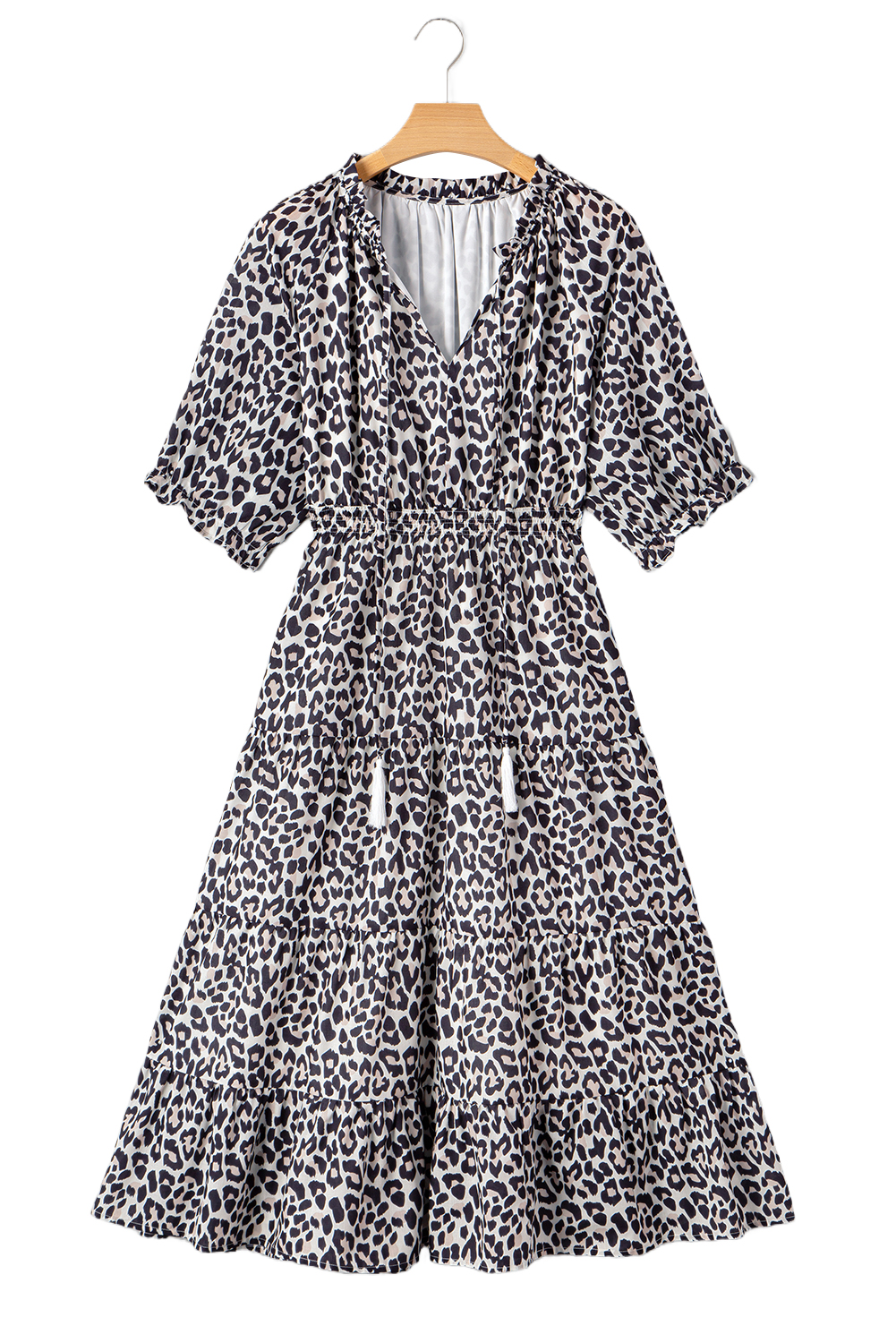 Black Leopard Patchwork Split Neck Ruffle Plus Size Dress