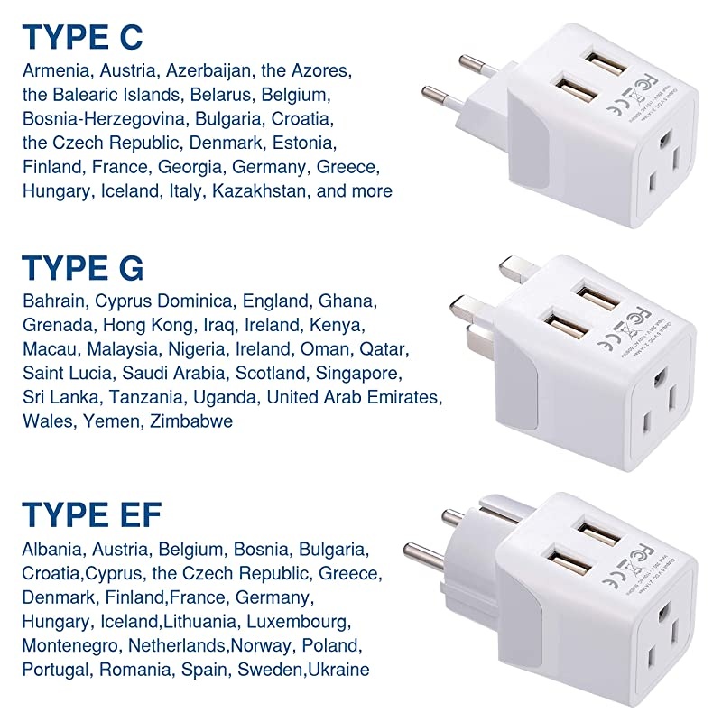 Complete European Set Travel Adapter Plug by  With Dual USB - Type G, E/F, C - London - USA Input - Light Weight - Perfect for Cell Phones, Chargers, Cameras and More - 3 Pack