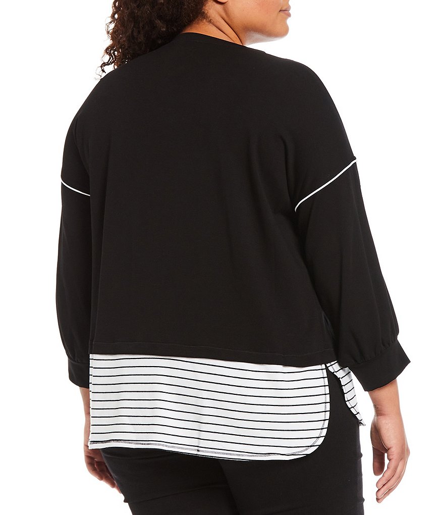Ali Miles Plus Size Solid French Terry Crew Neck 3/4 Sleeve Stripe Print Hi-Low Hem Pullover