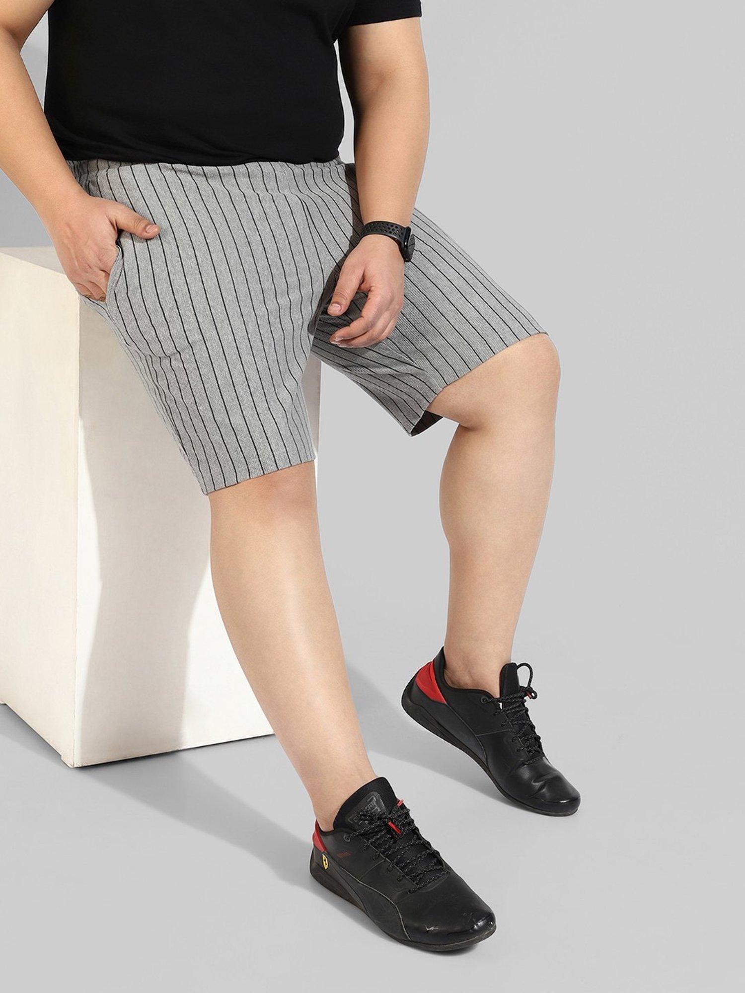 Instafab Plus Grey Cotton Regular fit Striped Plus Size Shorts