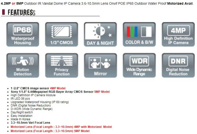 Eyemax 4.2MP Outdoor IR Vandal Dome IP Camera 3.6-10.5mm Lens Onvif POE IP68 Outdoor Water Proof Motorized Avail.