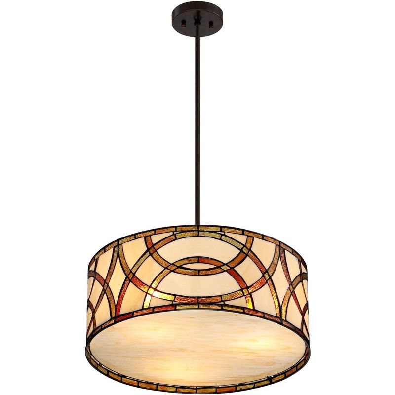 Robert Louis Tiffany Bronze Drum Pendant Chandelier 20" Wide Tiffany Style Art Glass Circles Fixture for Dining Room House Kitchen