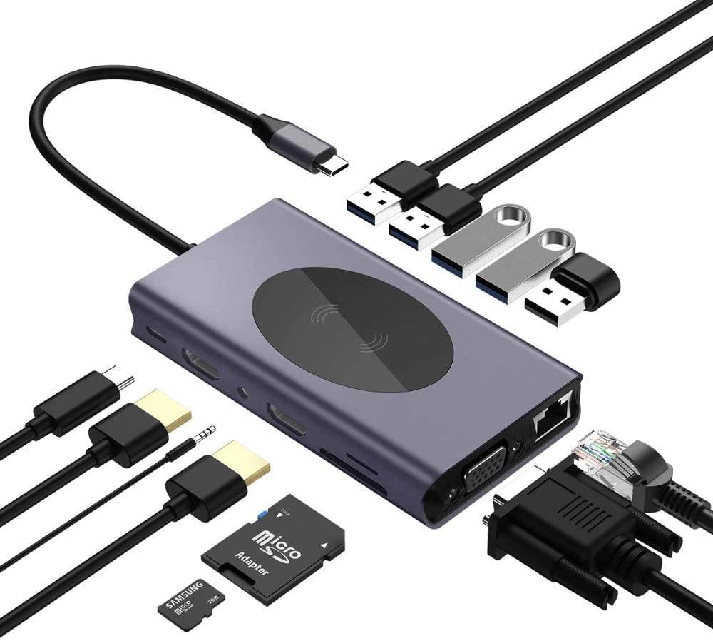 14 in 1 USB C Hub Laptop Docking Station Multi Function PD VGA HDMI Adapter 5 USBC 3.0 Hub Wireless Charge TF SD Reader Ethernet