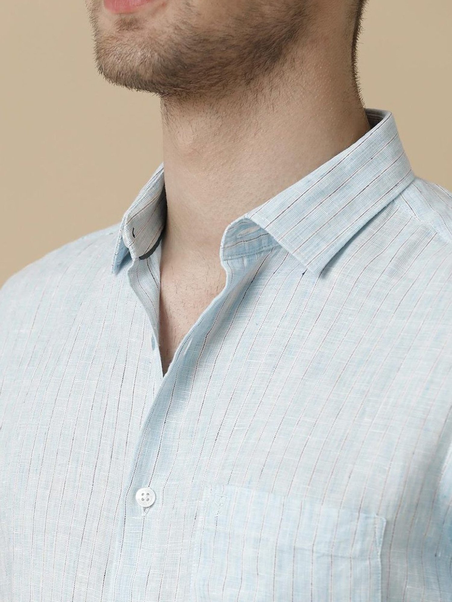 Linen Club Blue Linen Contemporary Fit Striped Shirt