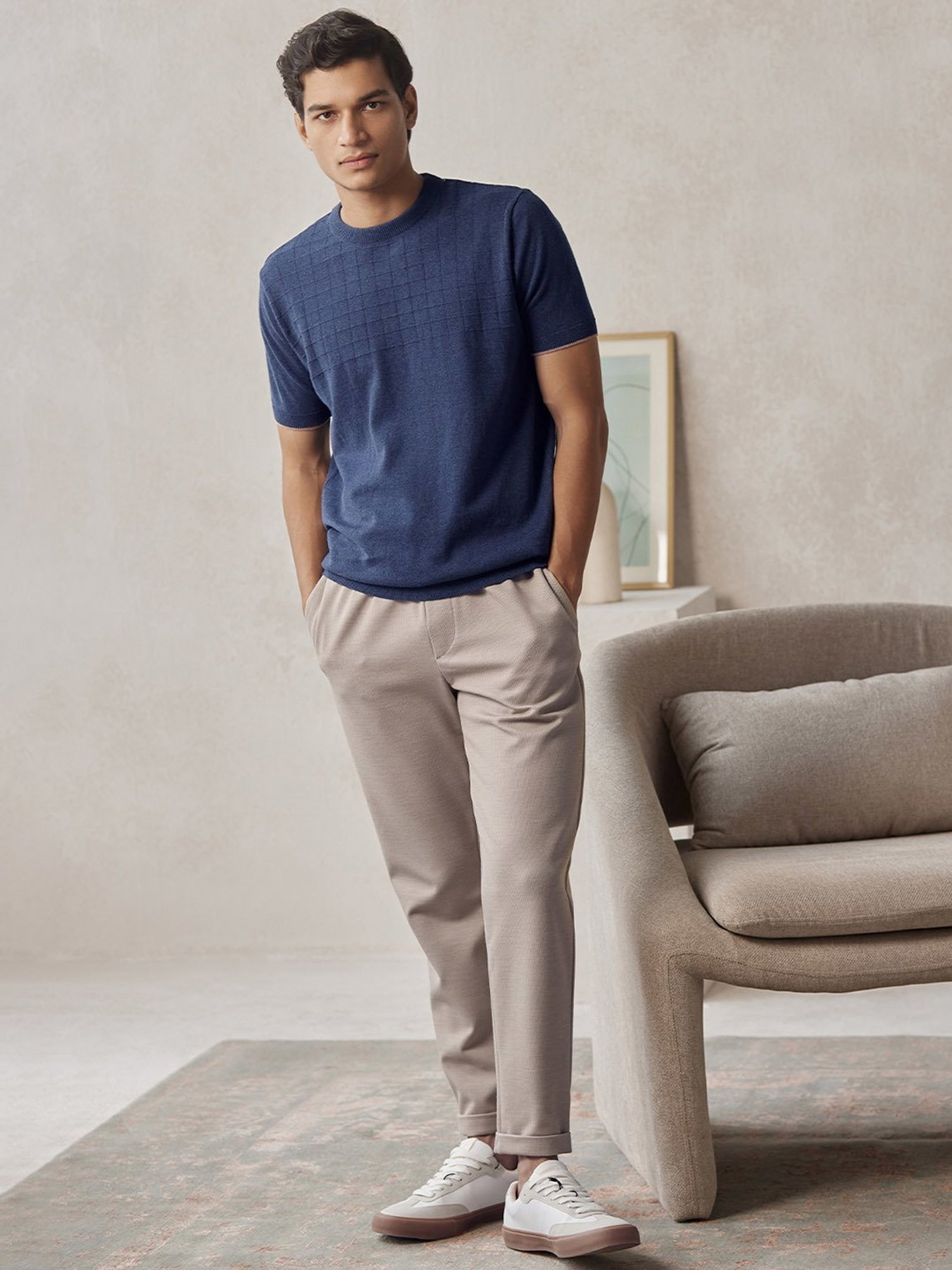 ANDAMEN Navy Regular Fit Textured Cotton Crew T-Shirt