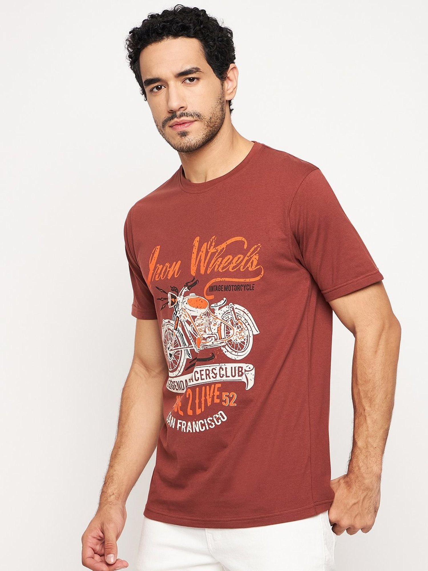Club York Brown Cotton Regular Fit Printed T-Shirt
