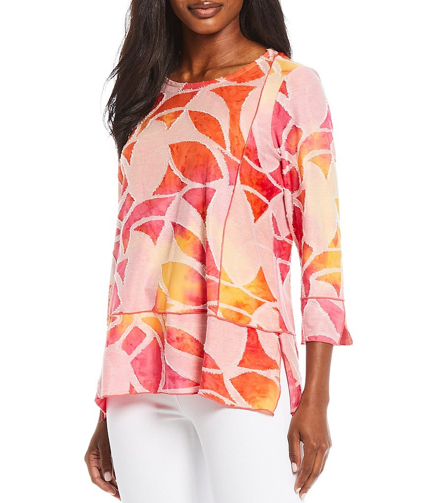 Ali Miles Tropical Tie Dye 3/4 Sleeve Jewel Neck Jacquard Top