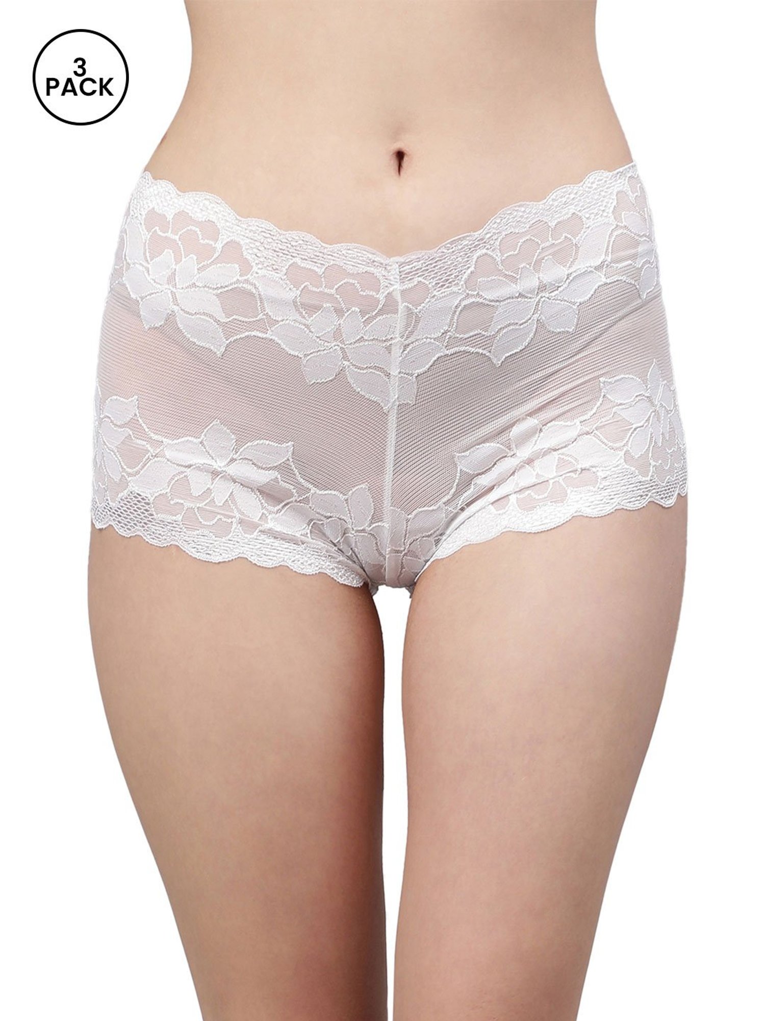 Cukoo White Lace Work Boyshorts Panties - Pack Of 3