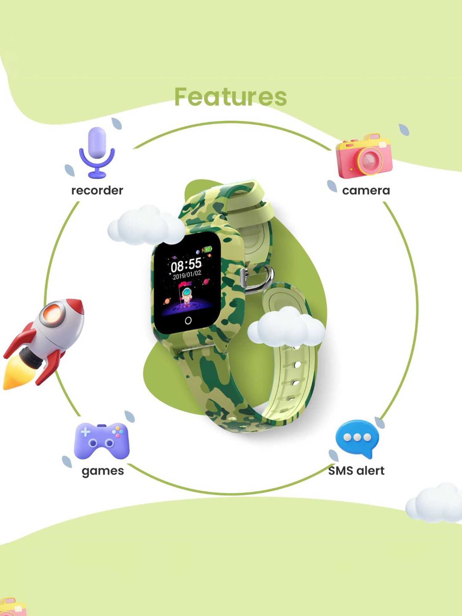 Turet Smartwatch for Kids with Camera, Games, Recorder, Sim Enabled 2-Way Calling (Green)