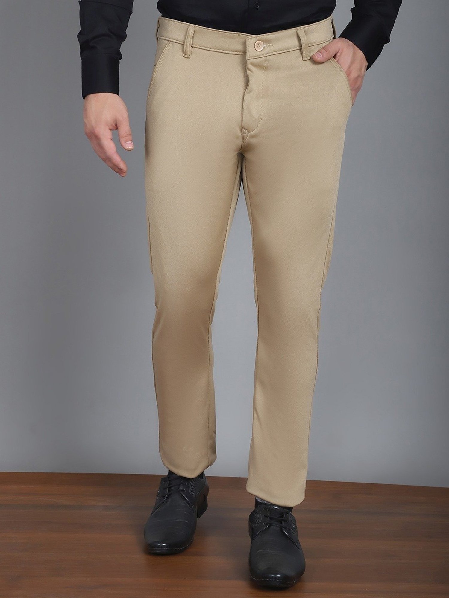 Jainish Beige Tapered Fit Texture Trousers