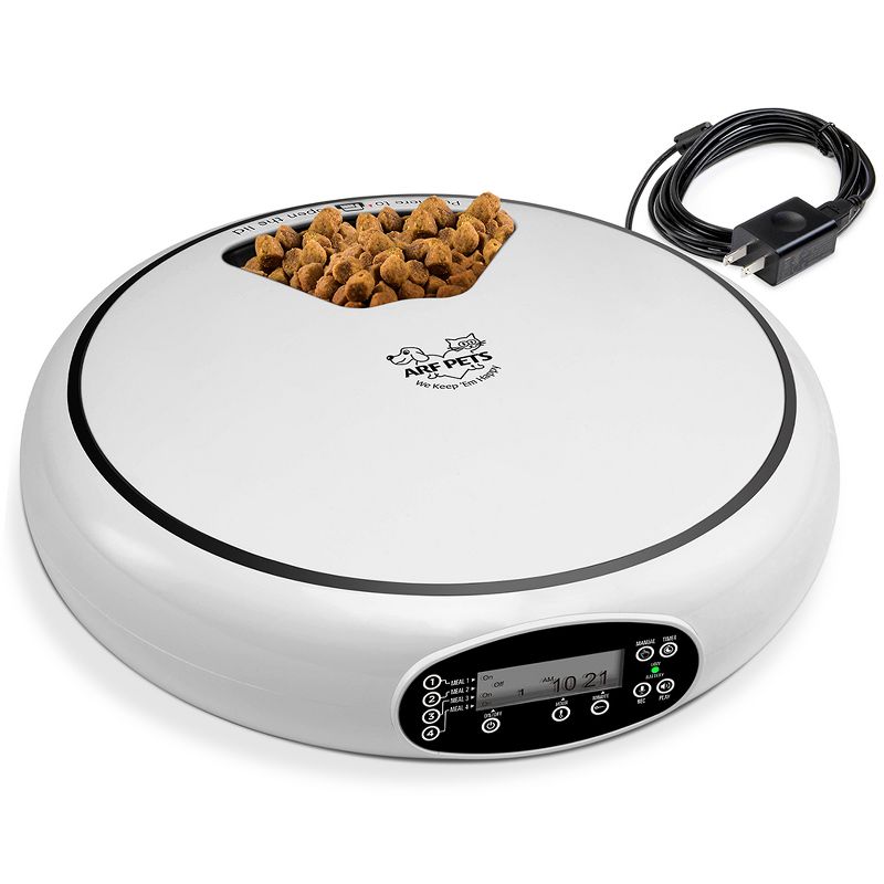 Arf Pets Automatic Pet Feeder, 5 Meal Food Dispenser for Dogs, Cats & Small Animals w/Programmable Digital Timer, Portion Control, Dishwasher-Safe Tray Feeds Wet or Dry Food - (Serves 4 Meals Per Day)