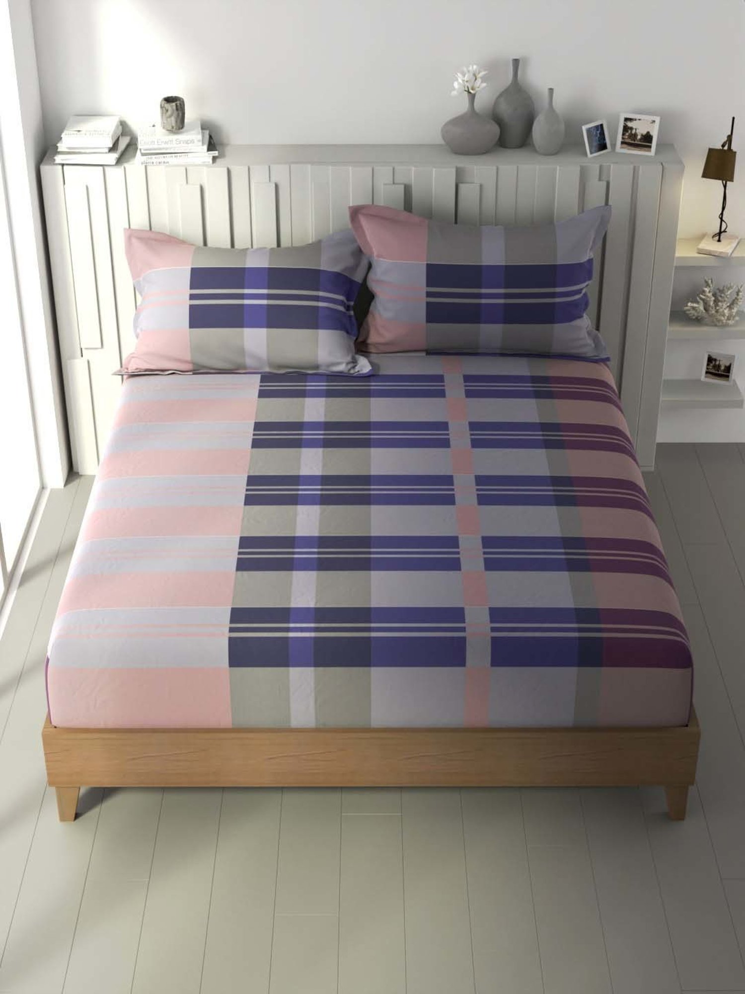 House This Juniper Blue Cotton 600 TC Double Size Bedsheet With Pillow Covers