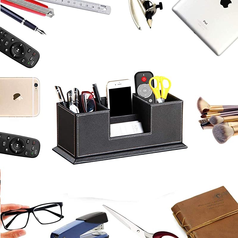 PU Leather Desk Organizer with 4 Compartments, Card/Pen/Pencil/Mobile Phone Stand Office Supplies Holder Desktop Remote Caddy, Home and College Dorm Decor Accessories Storage Box for Women