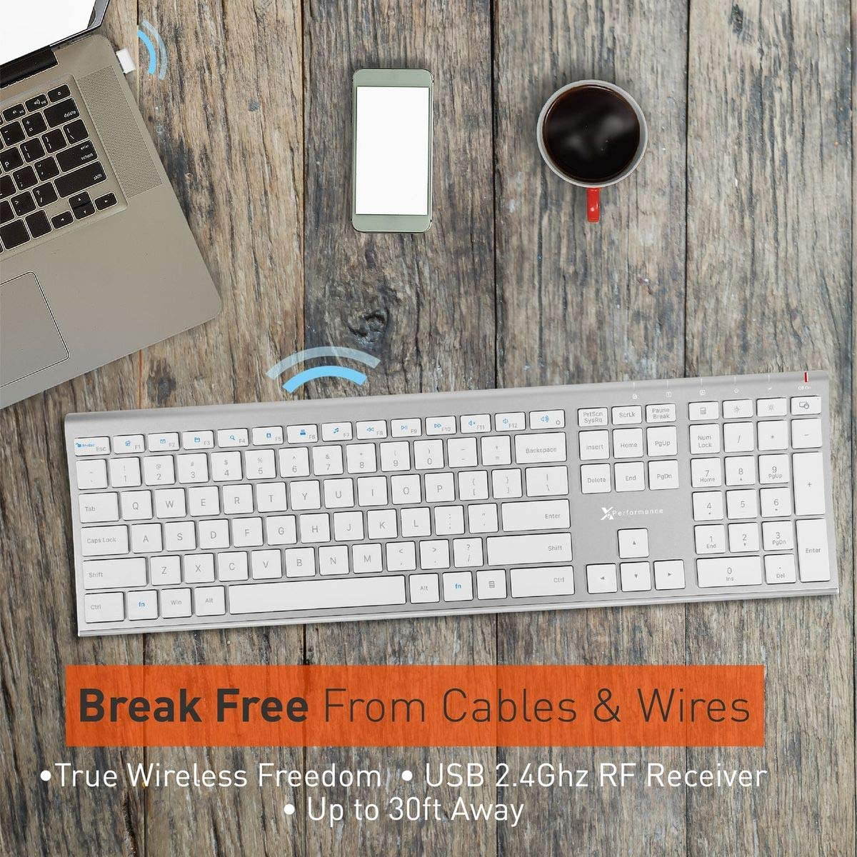 Slim Wireless Keyboard for Laptop | Rechargeable - Elegance for Windows PC - Low Profile Keyboard with 110 Silent Keys, 20 Shortcuts, and Keypad - 2.4G PC Keyboard Wireless &ndash; Aluminum