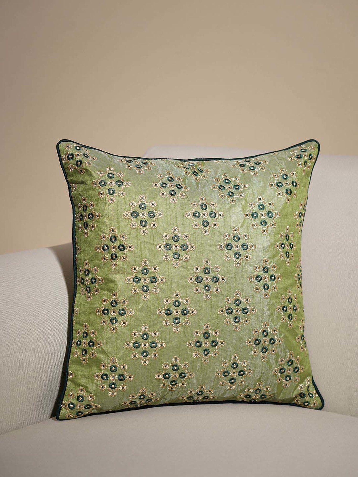 Pure Home and Living Green Cotton Embroidered Cushion Cover With Piping