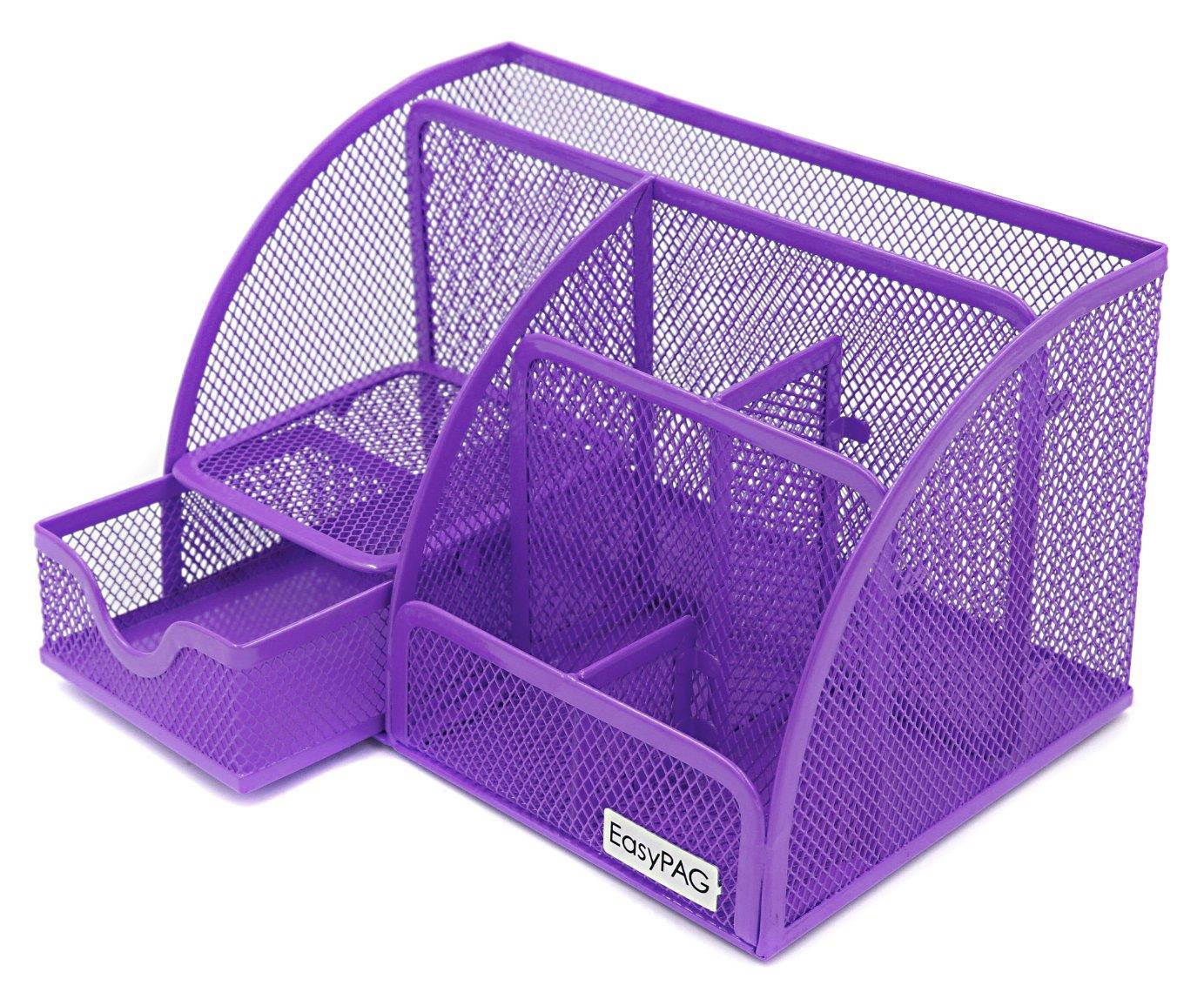 EasyPAG Mesh Desk Organizer Office Accessories Caddy 5 Compartments with Drawer,Purple