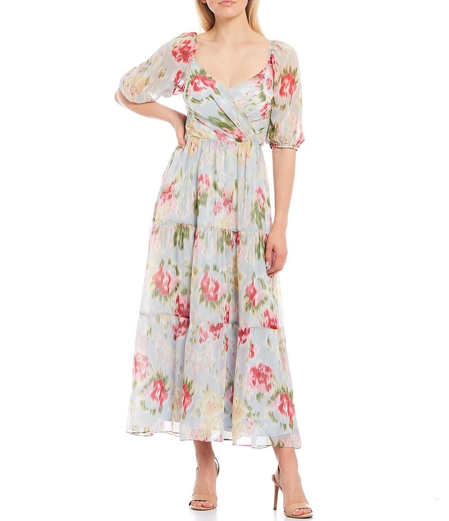 Lucy Paris Floral Surplice Neck Puff Sleeve A-Line Maxi Dress