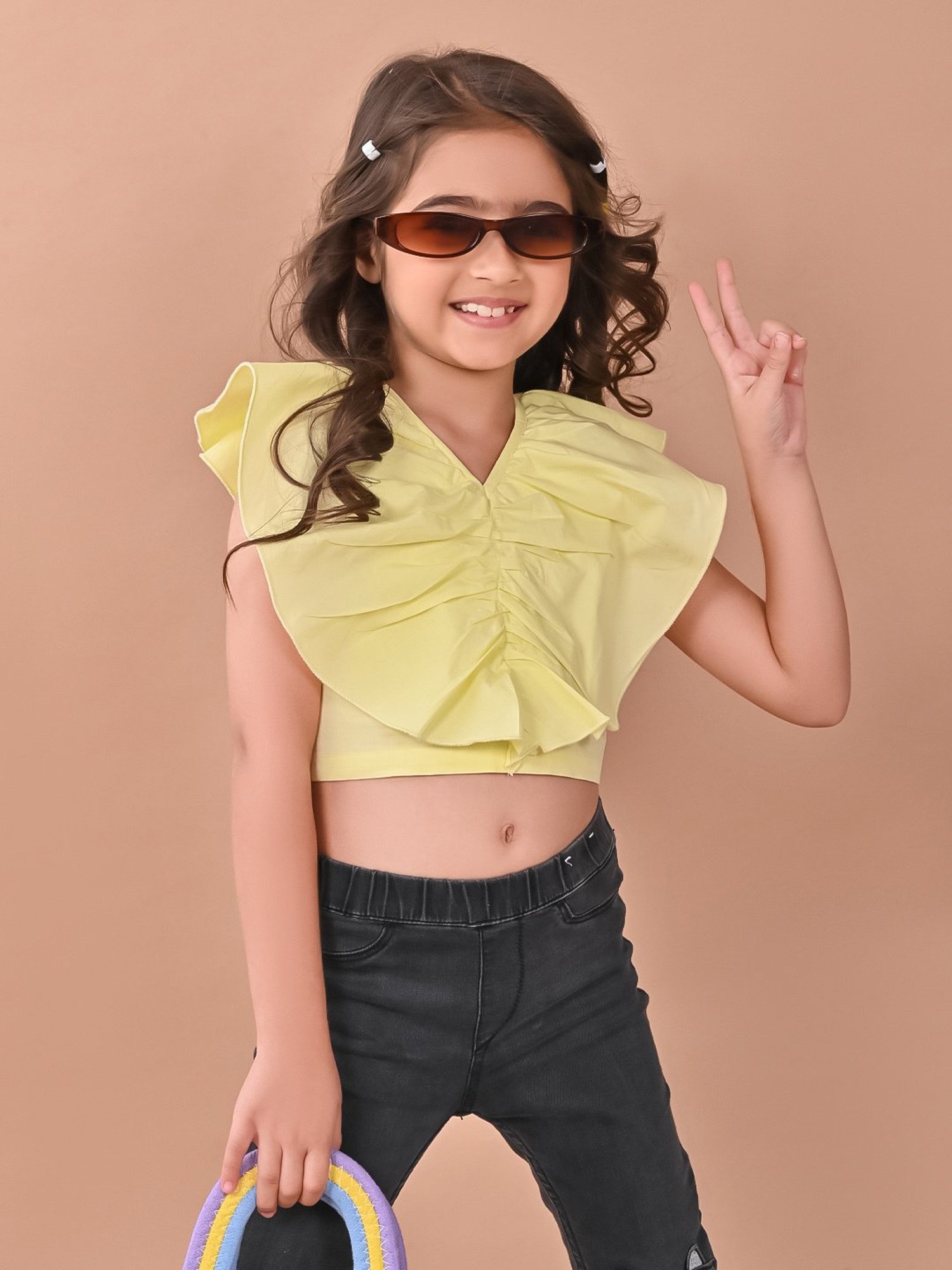 LilPicks Kids Yellow Solid Crop Top