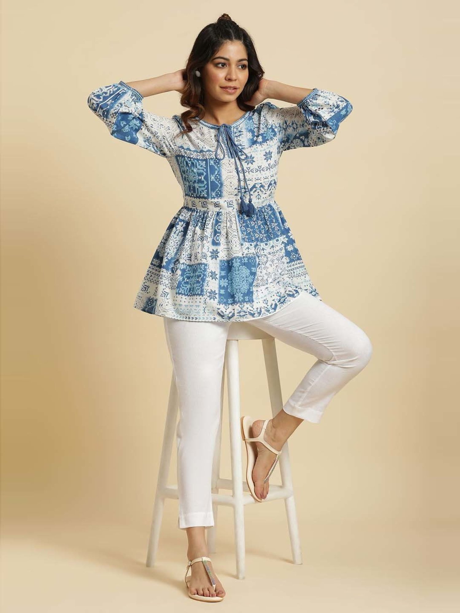 W White & Blue Cotton Printed Top