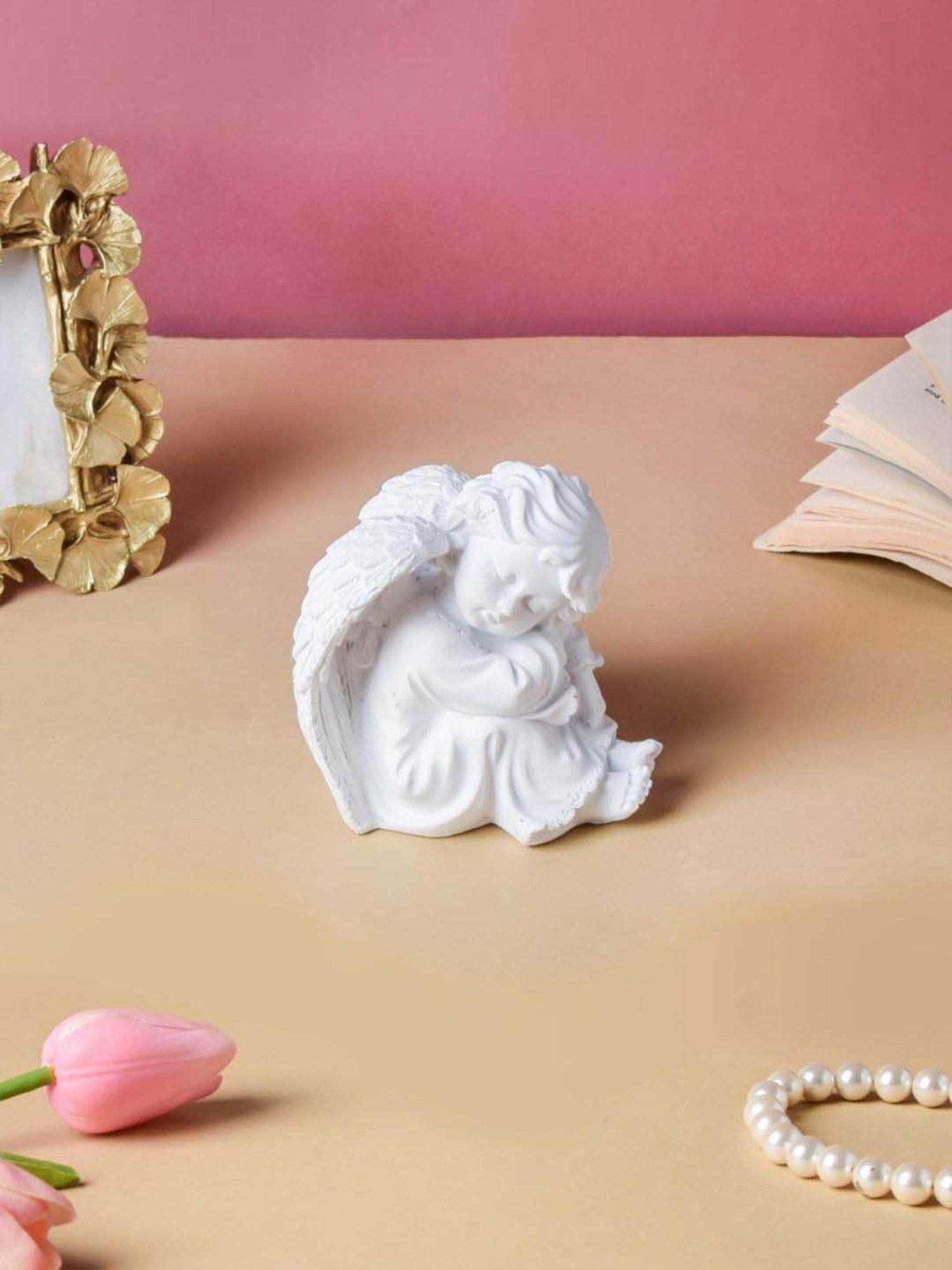Nestasia Artisanal Small White Sitting Angel Statue with Wings for Living Room Decoration (4.7 Inch)