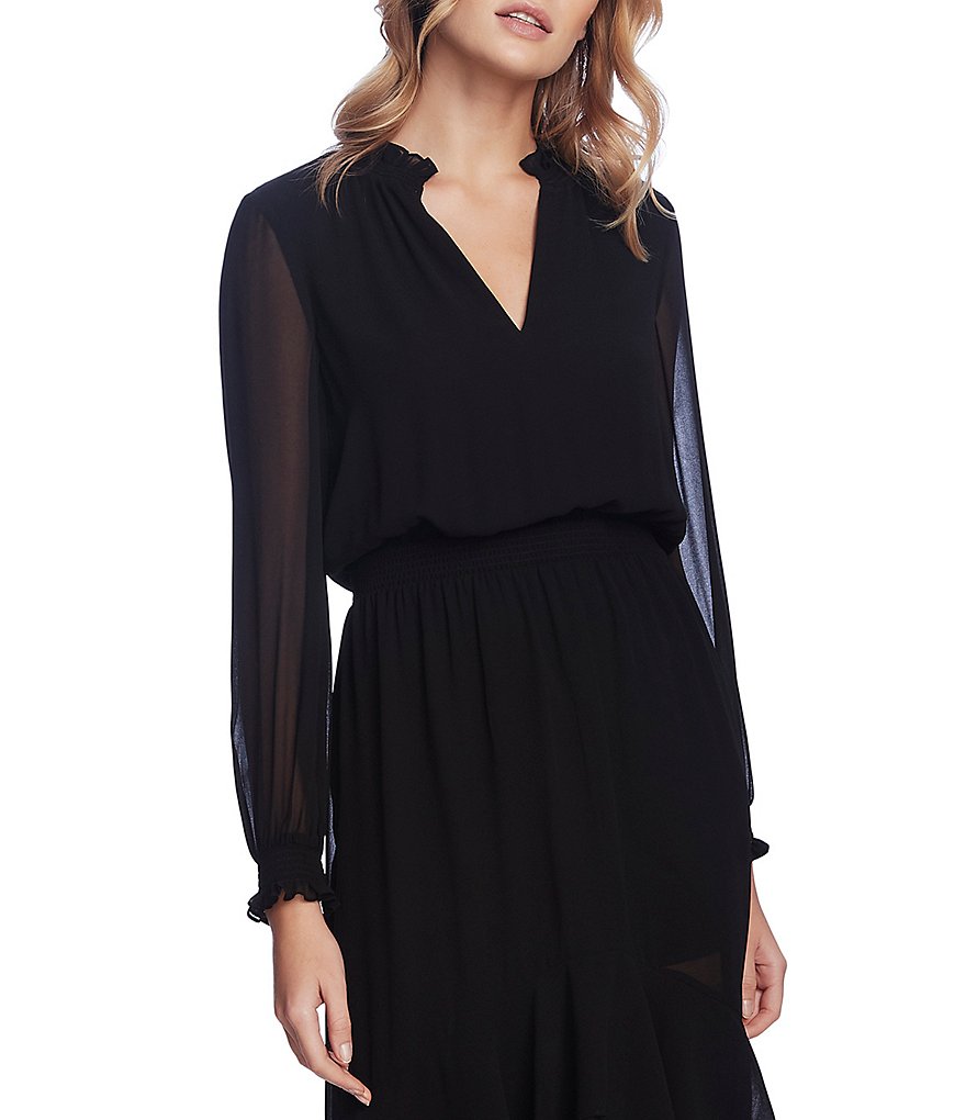 1. STATE Split Collar Ruffle Hi-Low Midi Dress