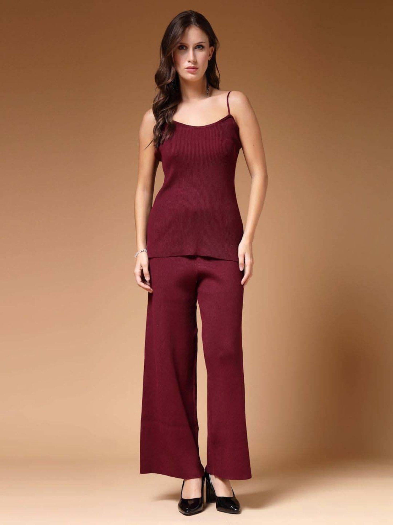 Mafadeny Maroon Plain Top Pants Set With Shrug