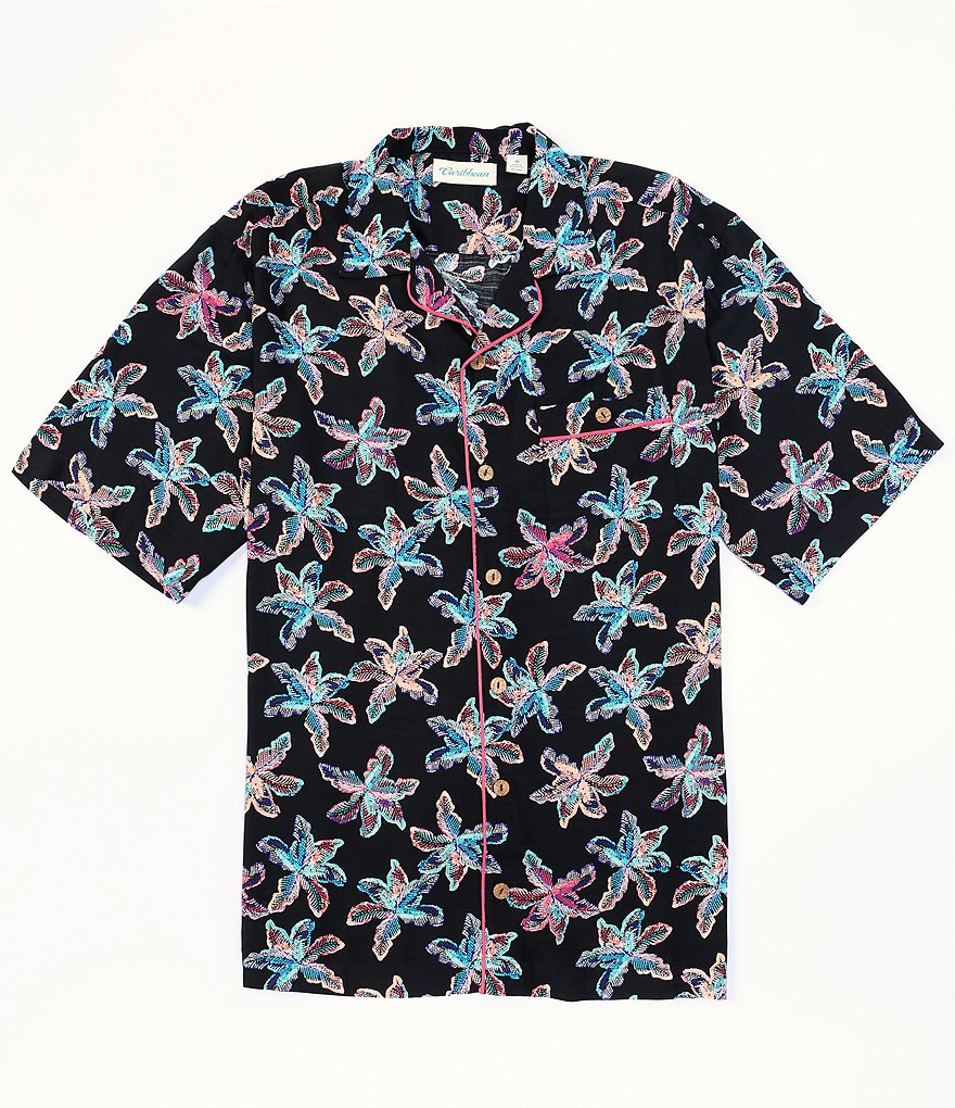 Caribbean Black Short-Sleeve Rayon Button Front Shirt with Piping