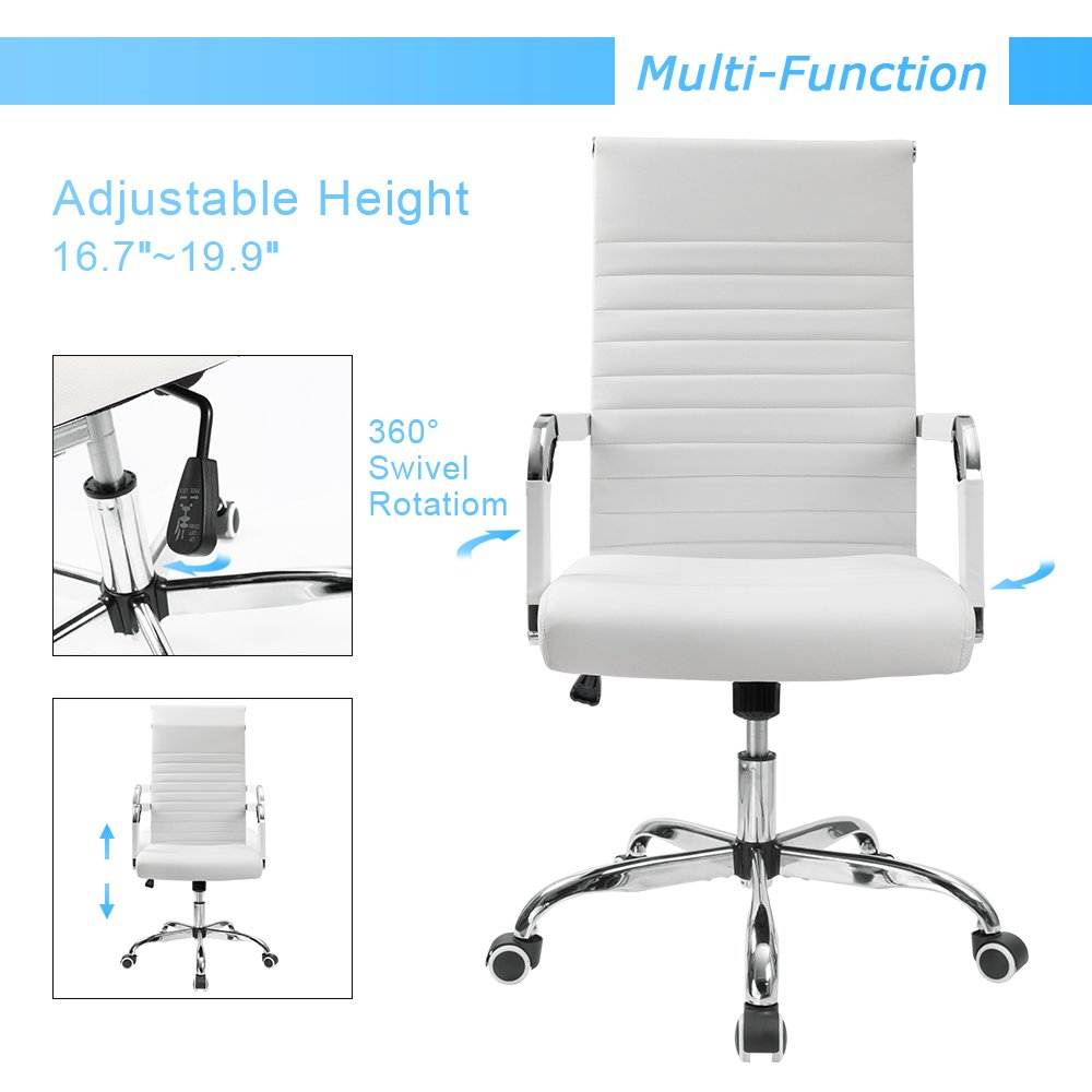Furmax Ribbed Office Desk Chair Mid-Back PU Leather Executive Conference Task Chair Adjustable Swivel Chair with Arms (White)