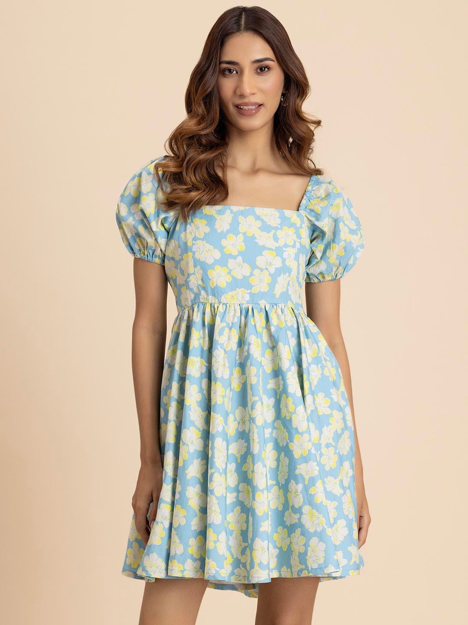 Moomaya Light Blue & Yellow Floral Print A Line Dress