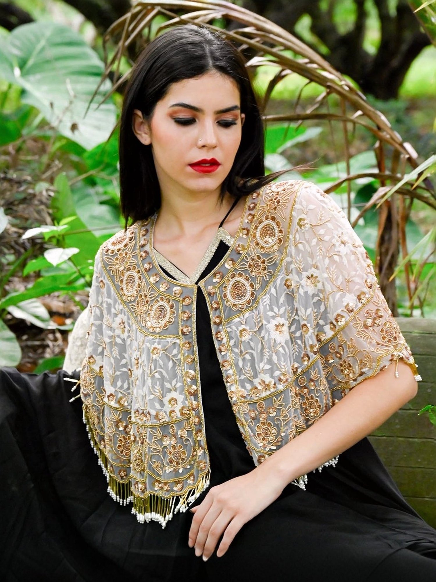 Odette White & Golden Embellished Fancy Cape