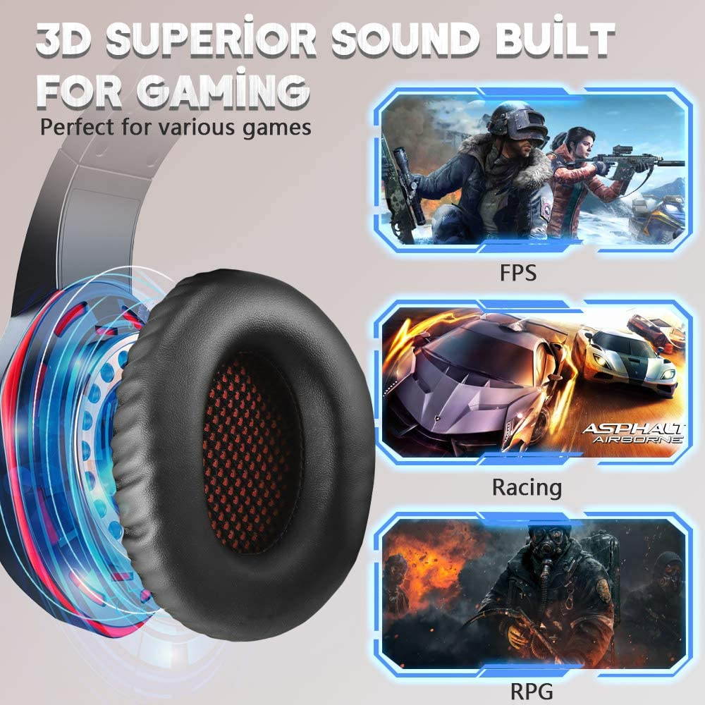 Wired Gaming Headset for PC Xbox One, Over Ear Headphones with Color Changing LED Light, Gaming Headphones for PS4 PS5 Laptop Mac, Stereo Mic Surround Sound, 3.5mm Audio Jack, Foam Ear Pads, Black Red