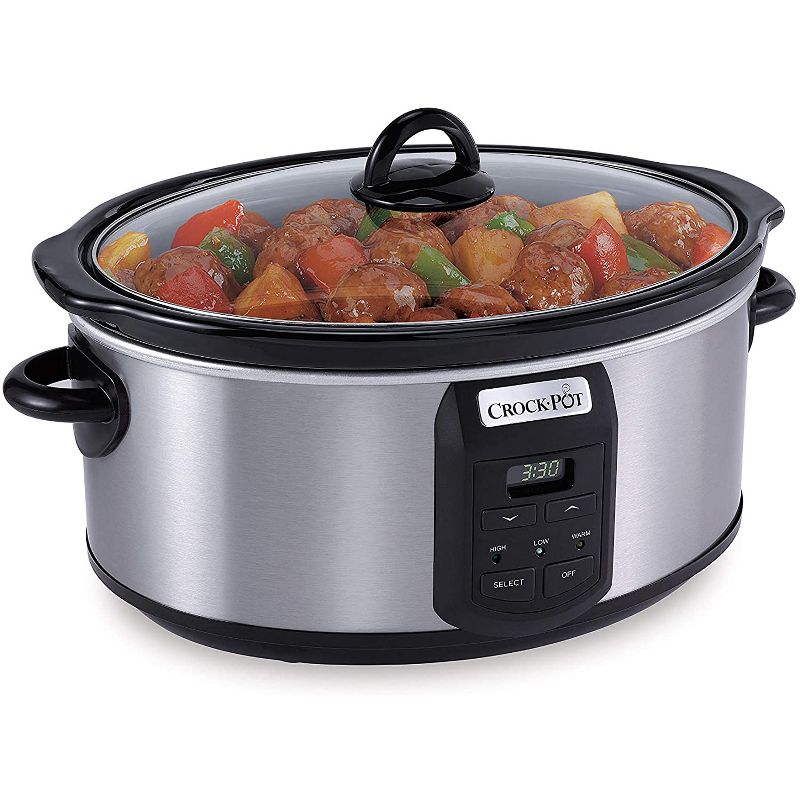 Crock-Pot SCCPVS703S 7 Quart Programmable Food Slow Cooker with Clear Glass Lid and Bonus Single Little Dipper Warmer, Stainless Steel