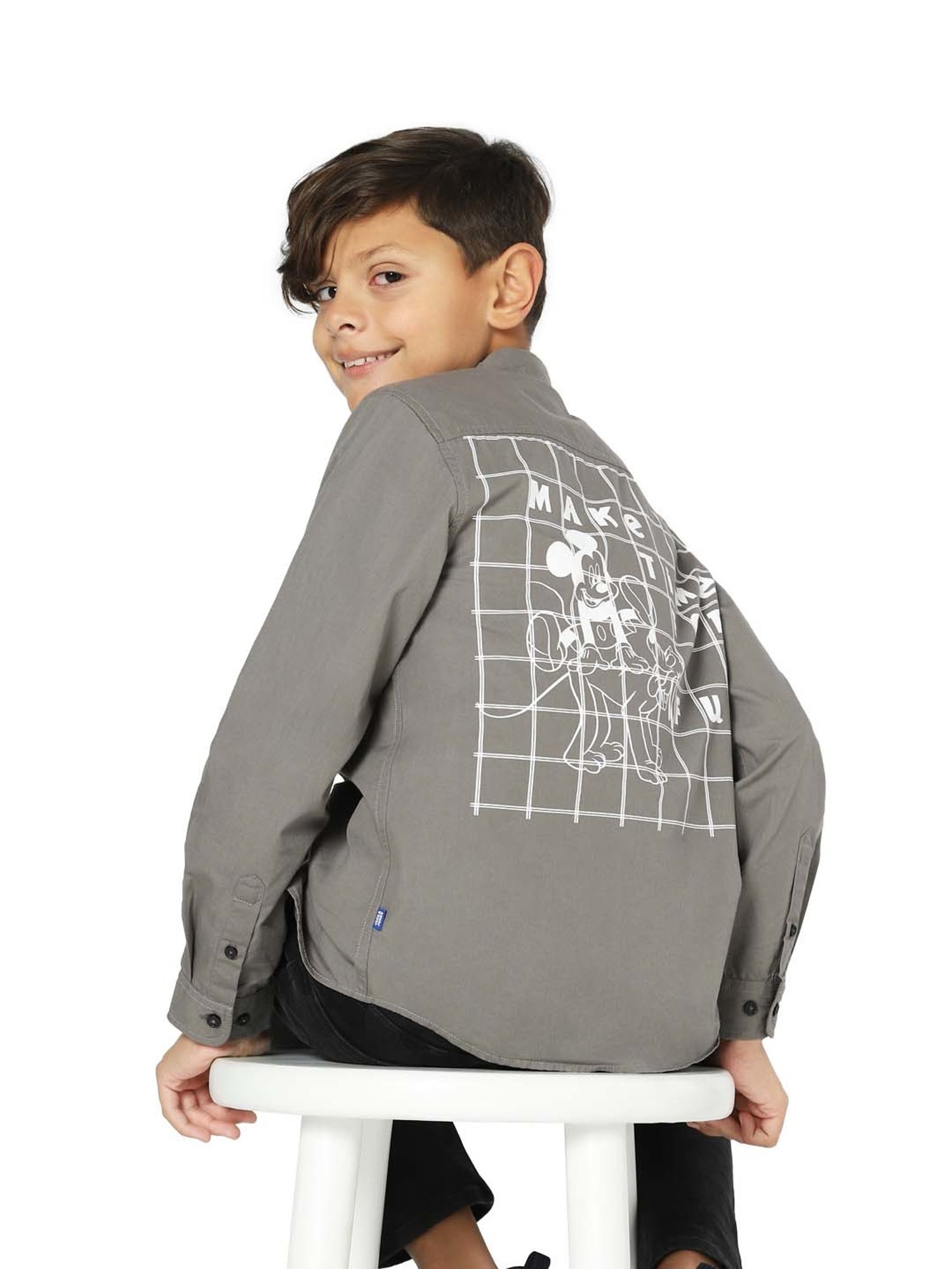 Jack & Jones Junior Charcoal Grey Cotton Printed Full Sleeves Shirt