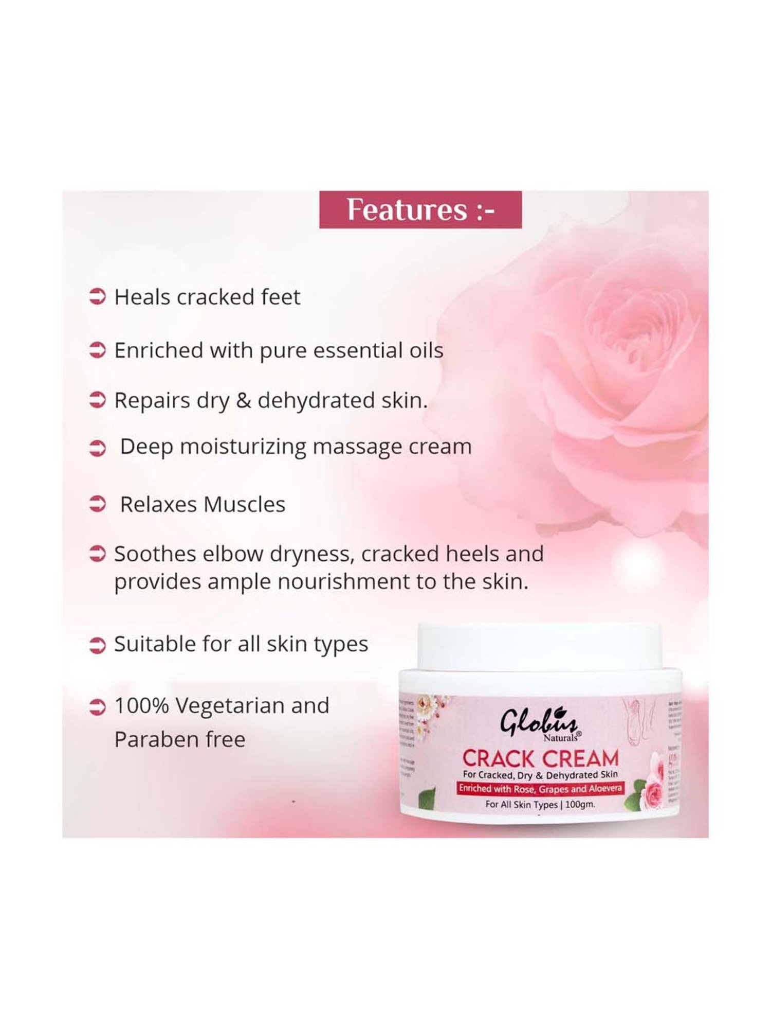 Globus Naturals Crack Cream for Dry Cracked Heels & Feet - 100 gm (Pack of 3)