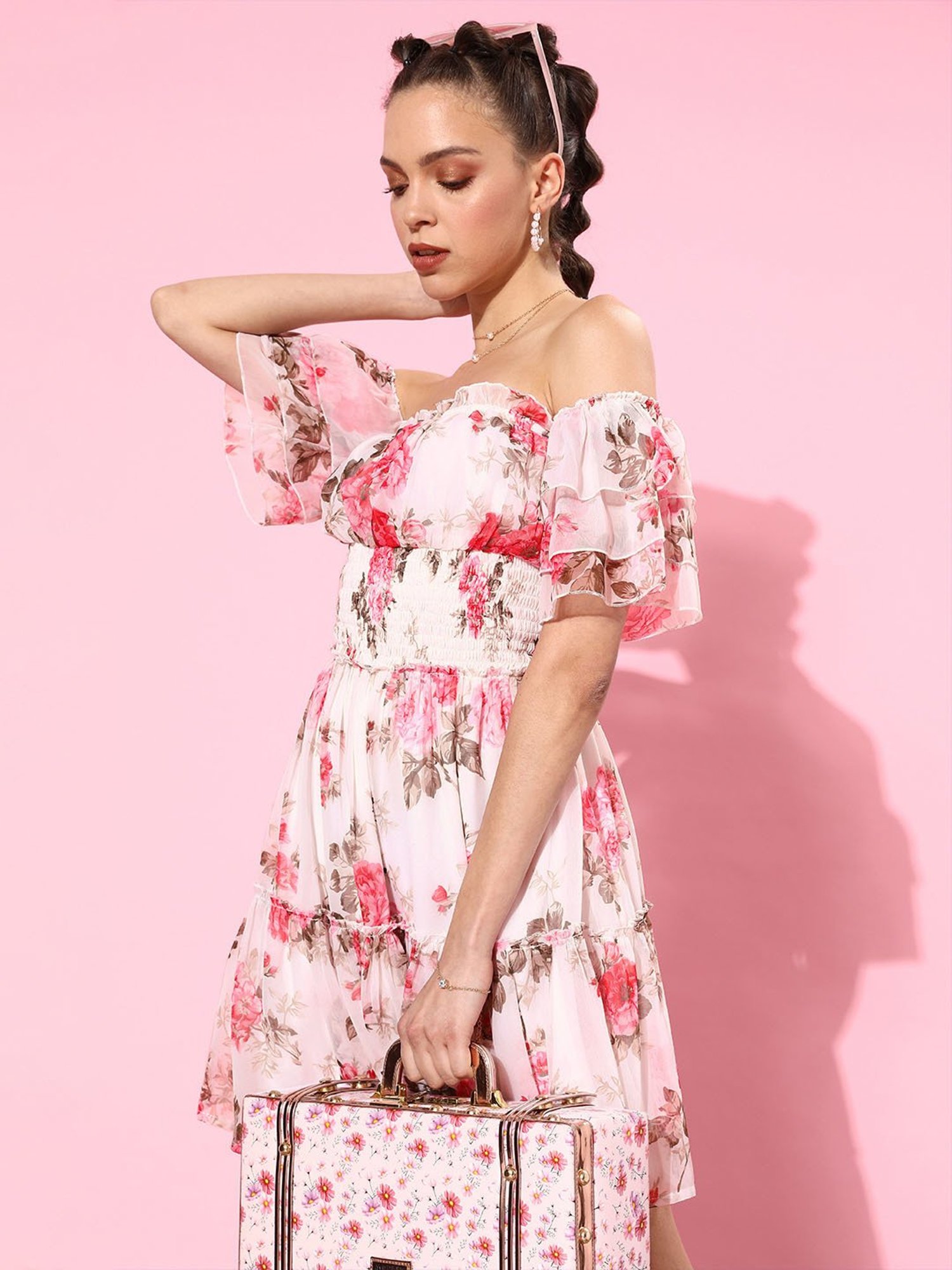 QUIERO White & Pink Floral Print Fit & Flare Dress