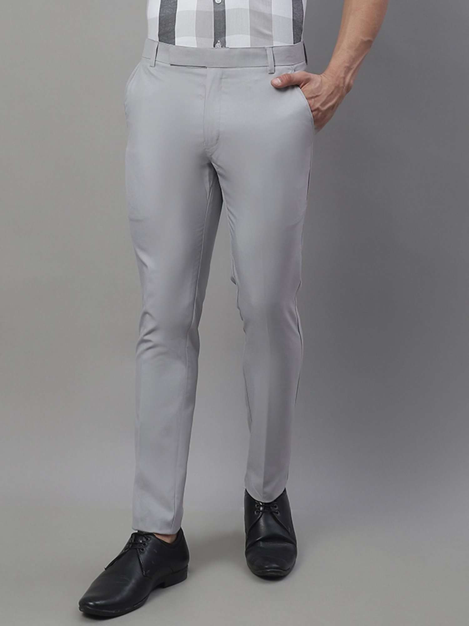 Jainish Grey Tapered Fit Flat Front Trousers