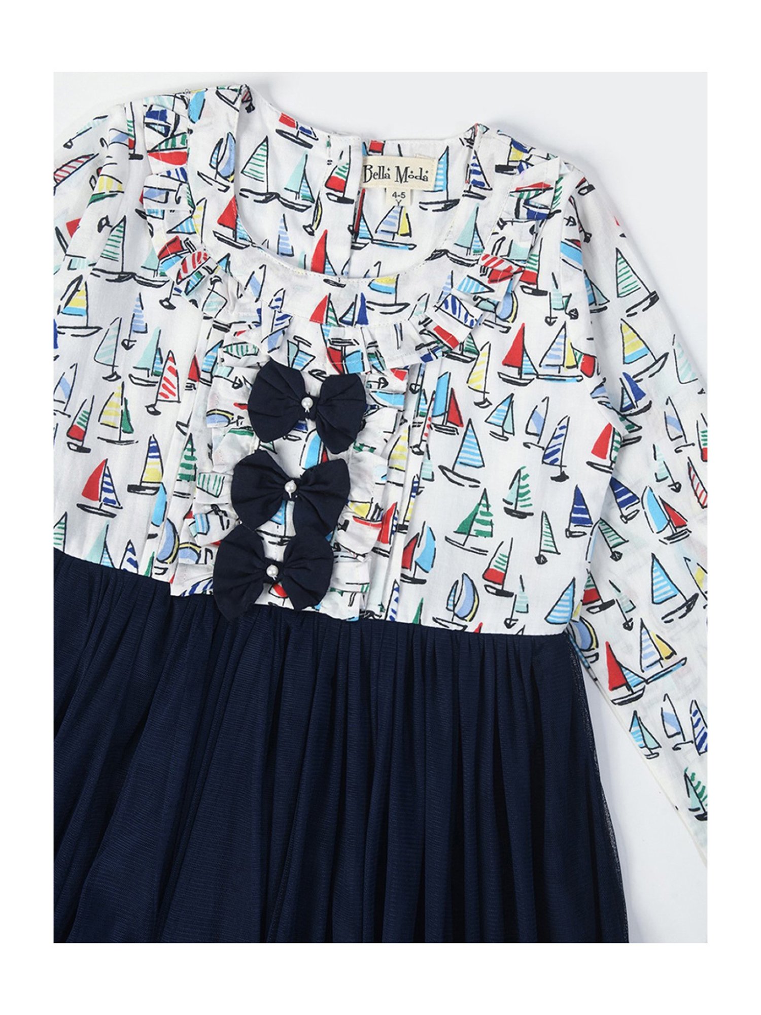 Bella Moda Kids Navy & White Printed Full Sleeves Fit & Flare Dress