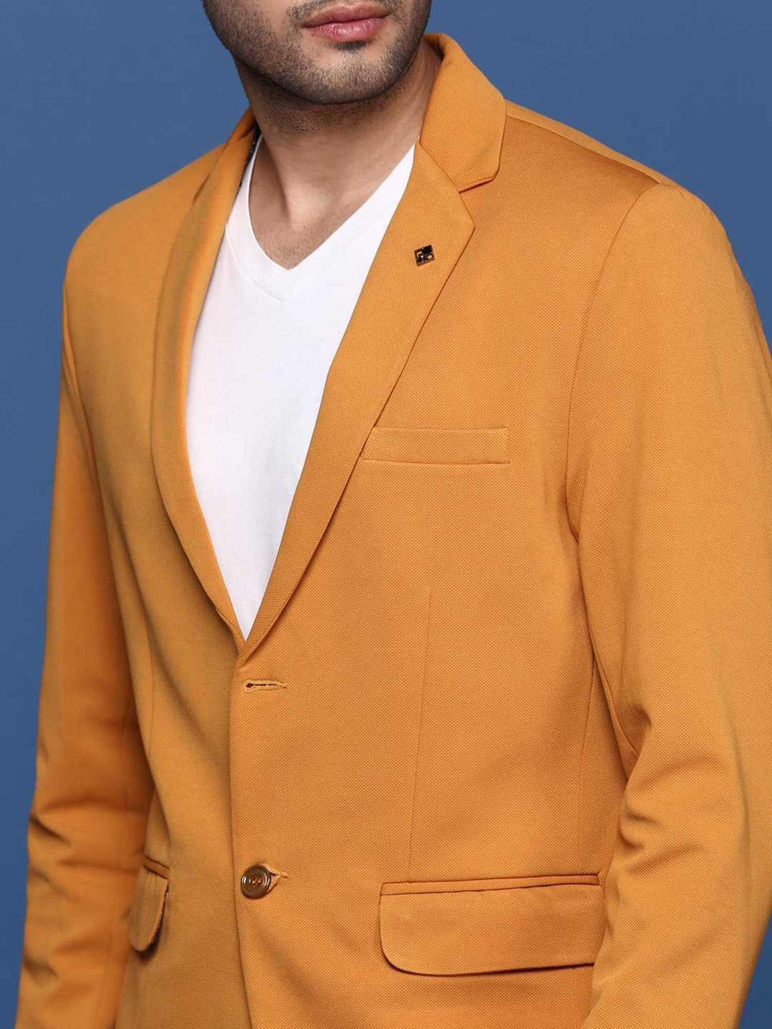Showoff Mustard Cotton Slim Fit Blazer
