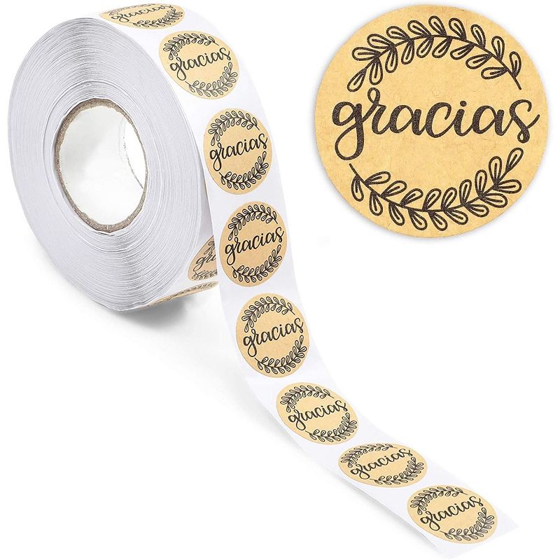 Stockroom Plus 1000-Piece Kraft Brown Round Circles Gracias Spanish Thank You Stickers Labels Roll 1 in