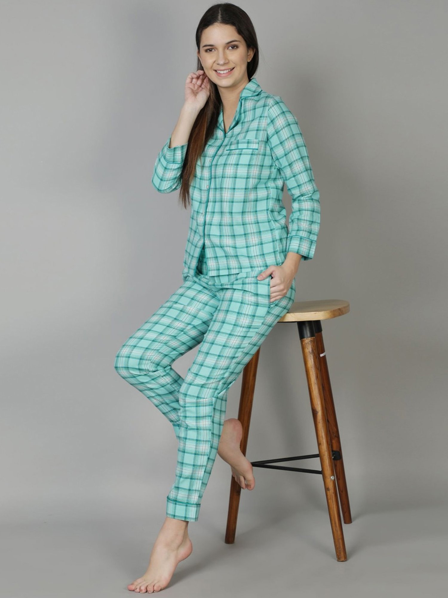 Dusk Attire Blue Green Checkered Pyjama Set
